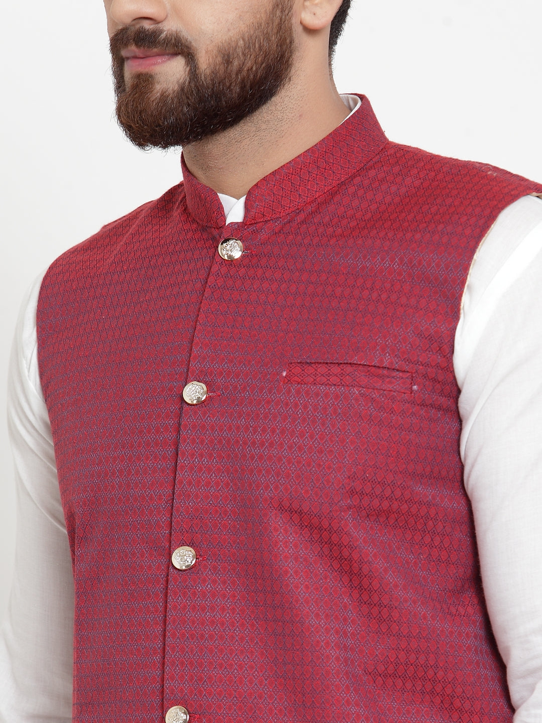 Jompers Men's Solid Cotton Kurta Pajama with Woven Jacquard Waistcoat (Maroon)
