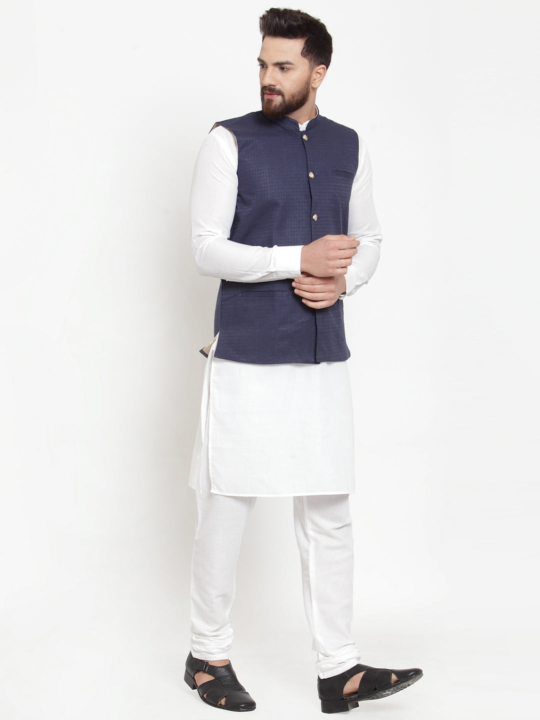 Jompers Men's Solid Cotton Kurta Pajama with Woven Jacquard Waistcoat (Navy)