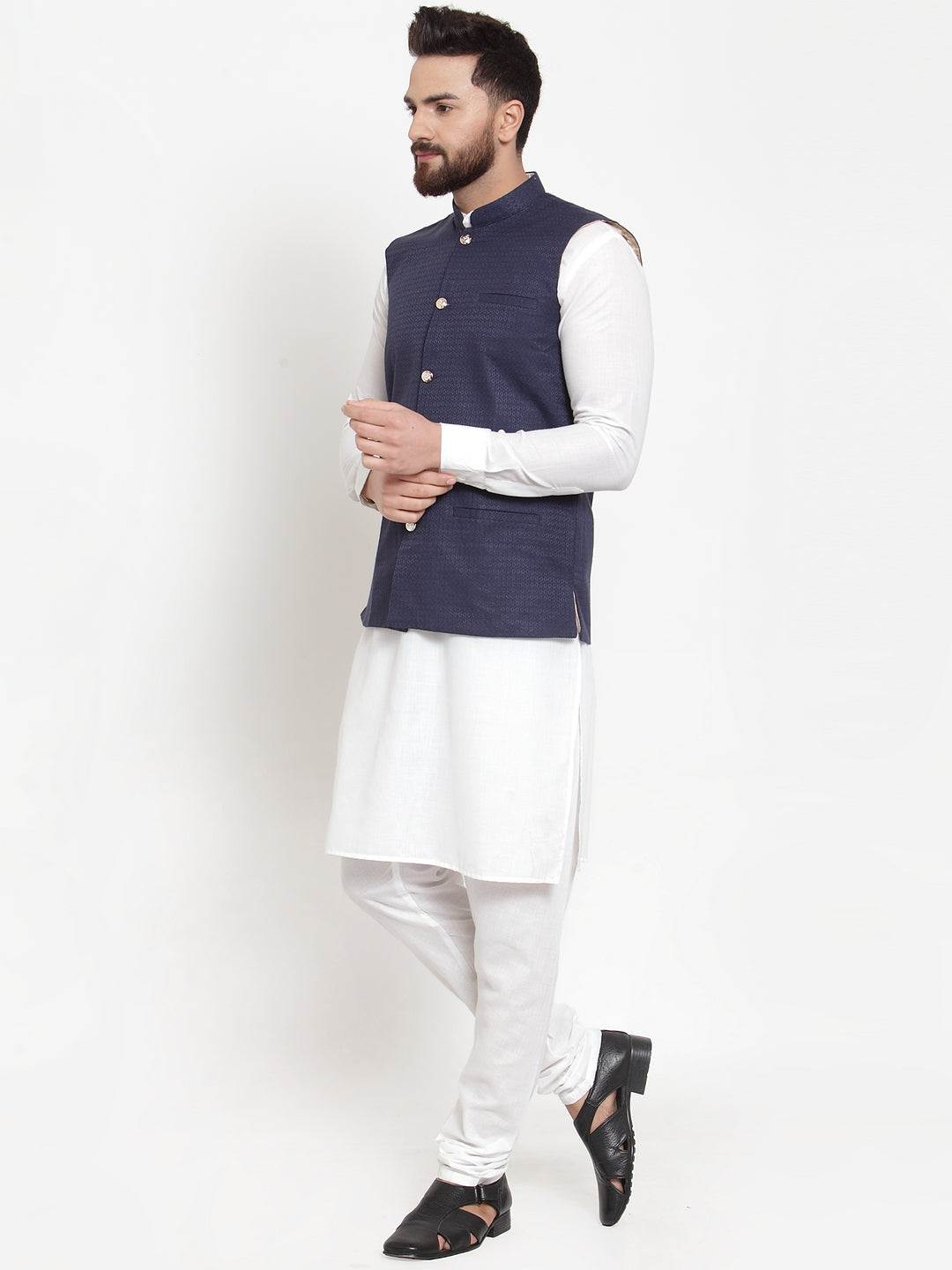 Jompers Men's Solid Cotton Kurta Pajama with Woven Jacquard Waistcoat (Navy)