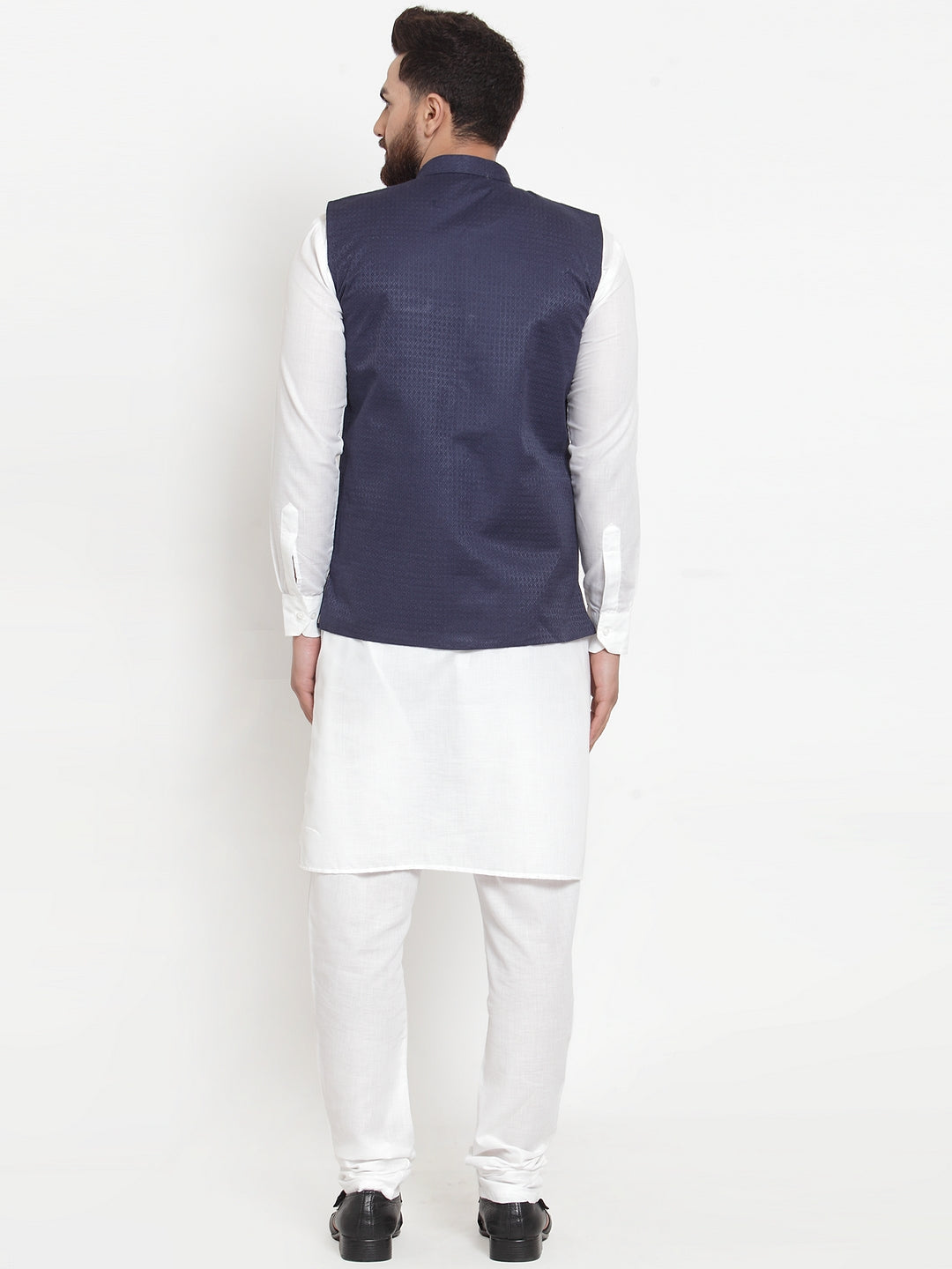 Jompers Men's Solid Cotton Kurta Pajama with Woven Jacquard Waistcoat (Navy)