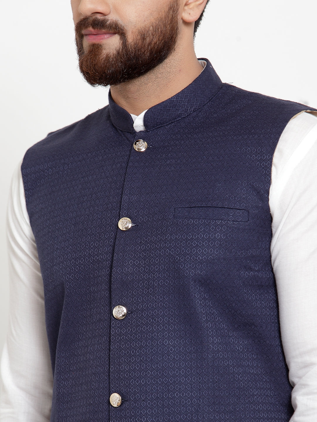 Jompers Men's Solid Cotton Kurta Pajama with Woven Jacquard Waistcoat (Navy)