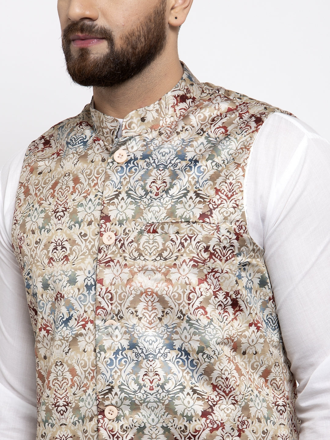 Jompers Men's Solid Cotton Kurta Pajama with Printed Waistcoat (Multi-W)