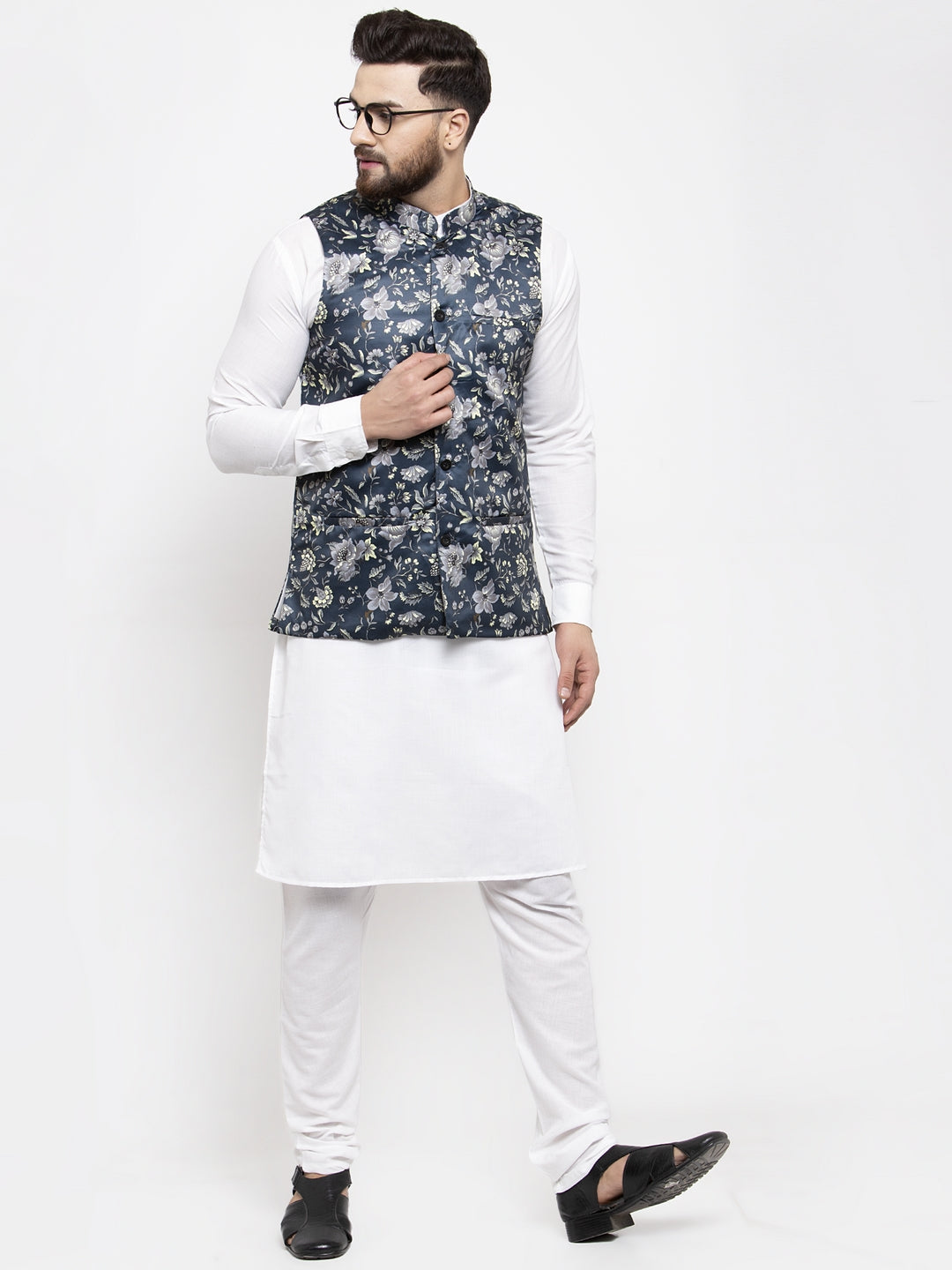 Jompers Men's Solid Cotton Kurta Pajama with Printed Waistcoat (Navy-W)