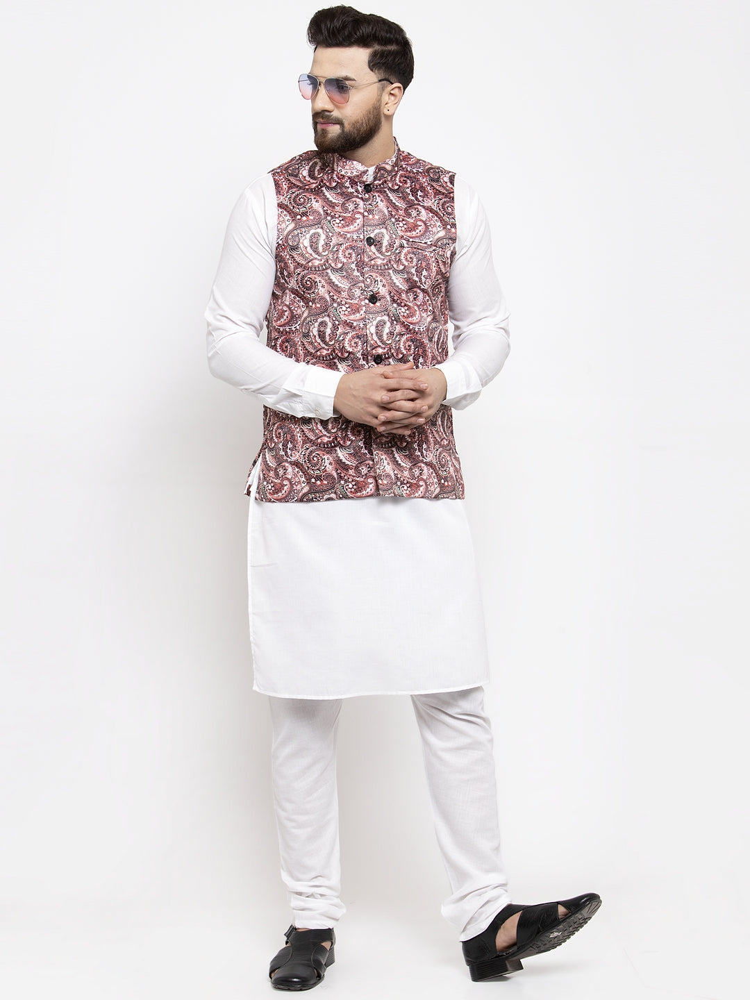 Jompers Men's Solid Cotton Kurta Pajama with Printed Waistcoat (Pink-W)