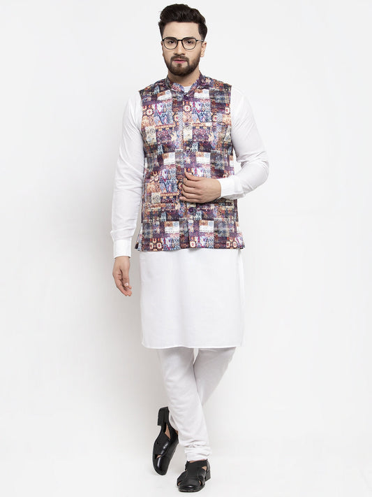Jompers Men's Solid Cotton Kurta Pajama with Printed Waistcoat (Purple-W)