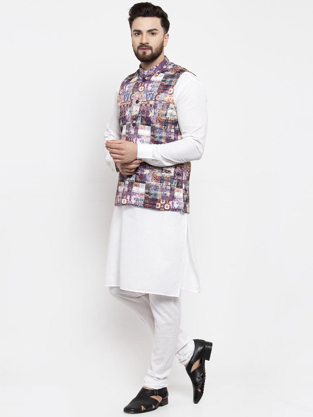 Jompers Men's Solid Cotton Kurta Pajama with Printed Waistcoat (Purple-W)