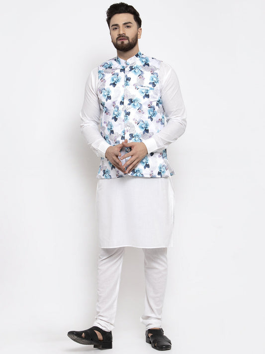 Jompers Men's Solid Cotton Kurta Pajama with Printed Waistcoat (Silver-W)