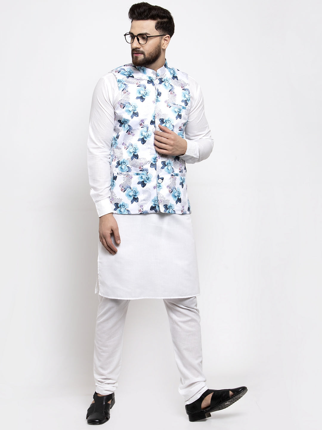 Jompers Men's Solid Cotton Kurta Pajama with Printed Waistcoat (Silver-W)