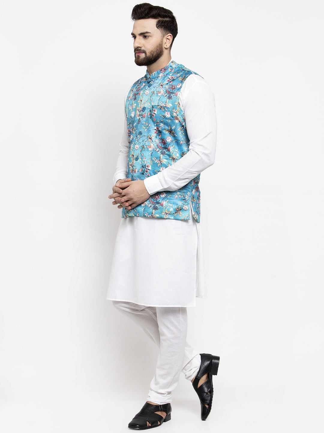 Jompers Men's Solid Cotton Kurta Pajama with Printed Waistcoat (Sky-W)