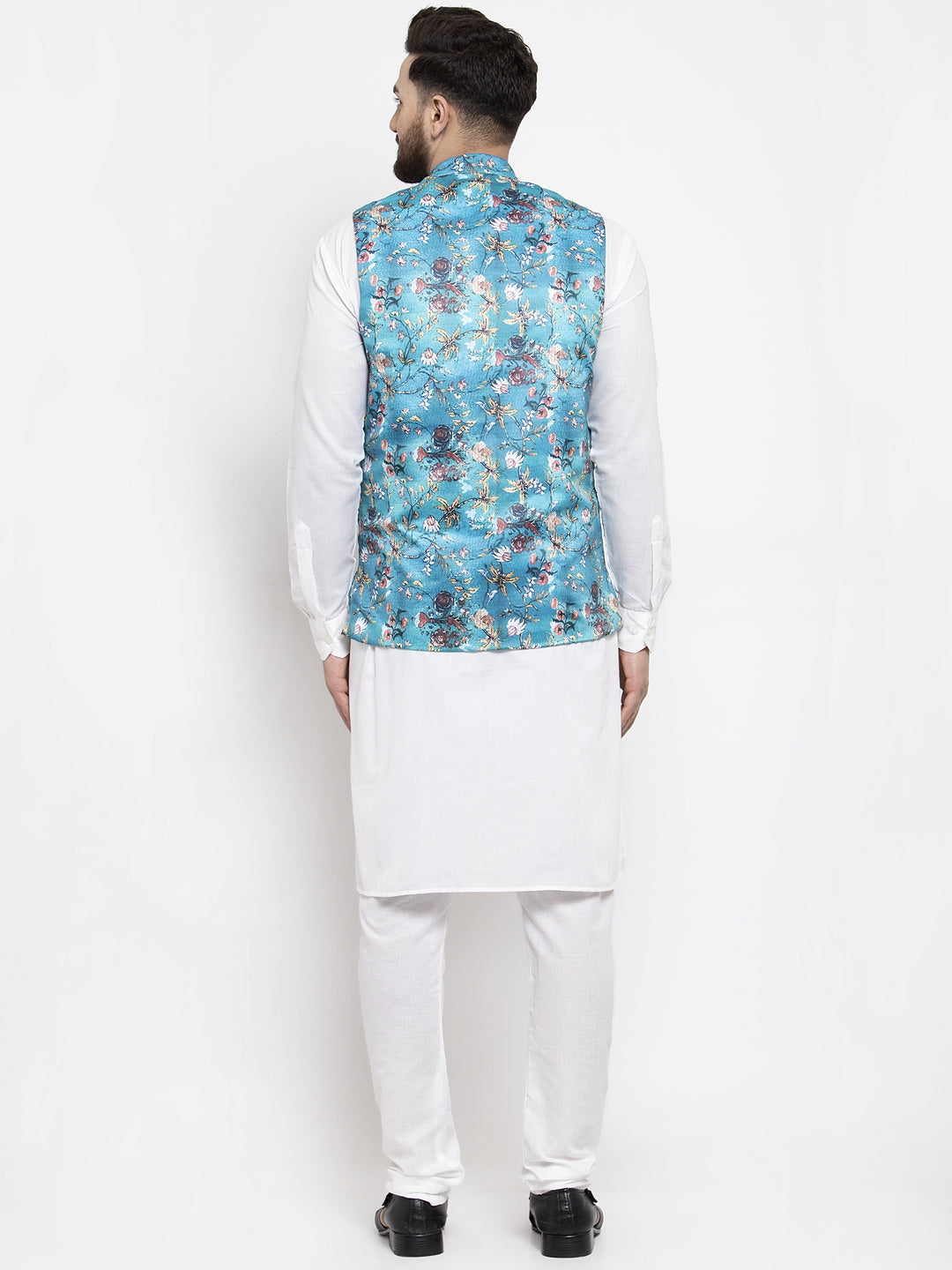 Jompers Men's Solid Cotton Kurta Pajama with Printed Waistcoat (Sky-W)