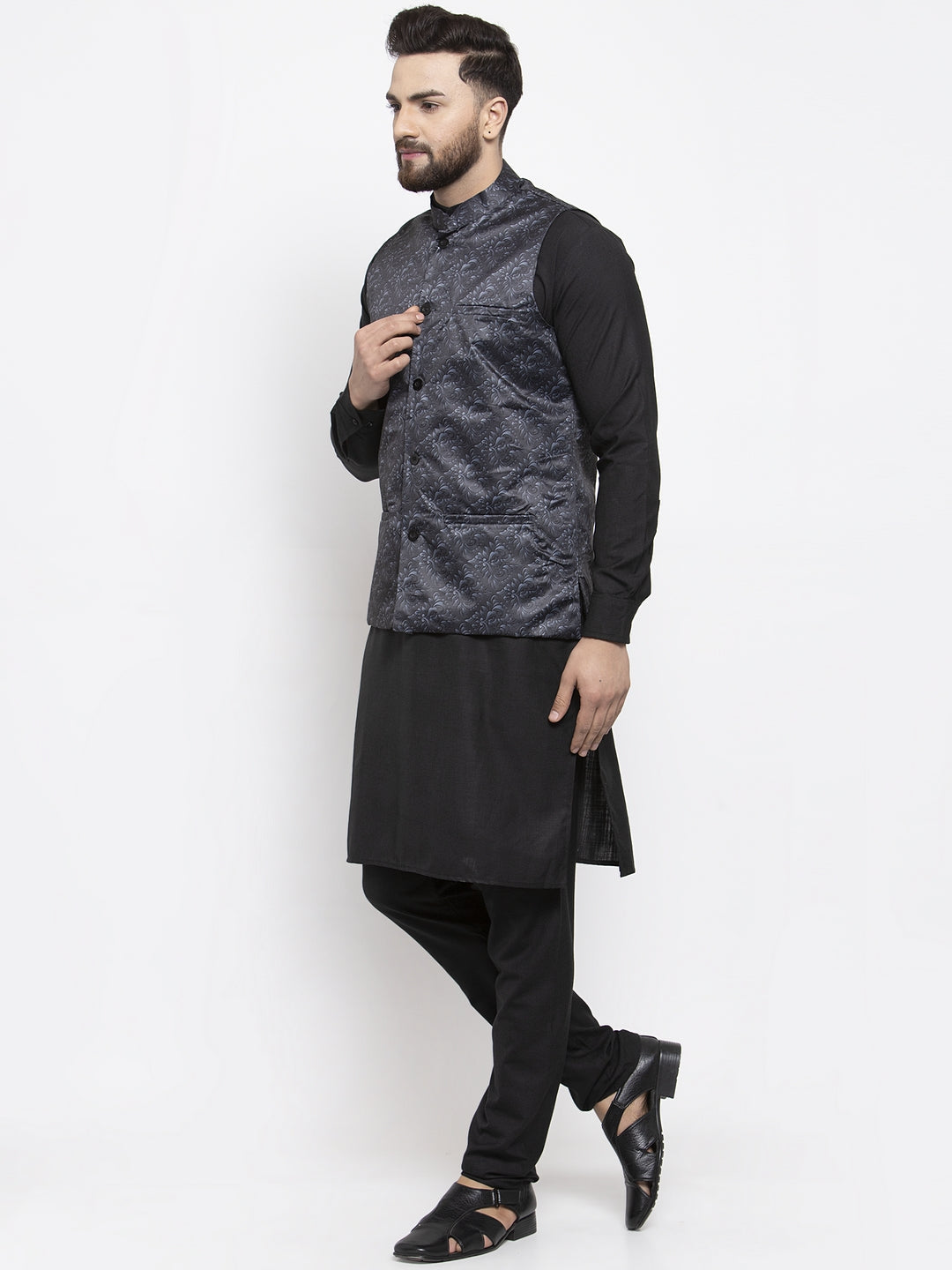 Jompers Men Solid Cotton Kurta Pajama with Printed Waistcoat (Charcoal-B)