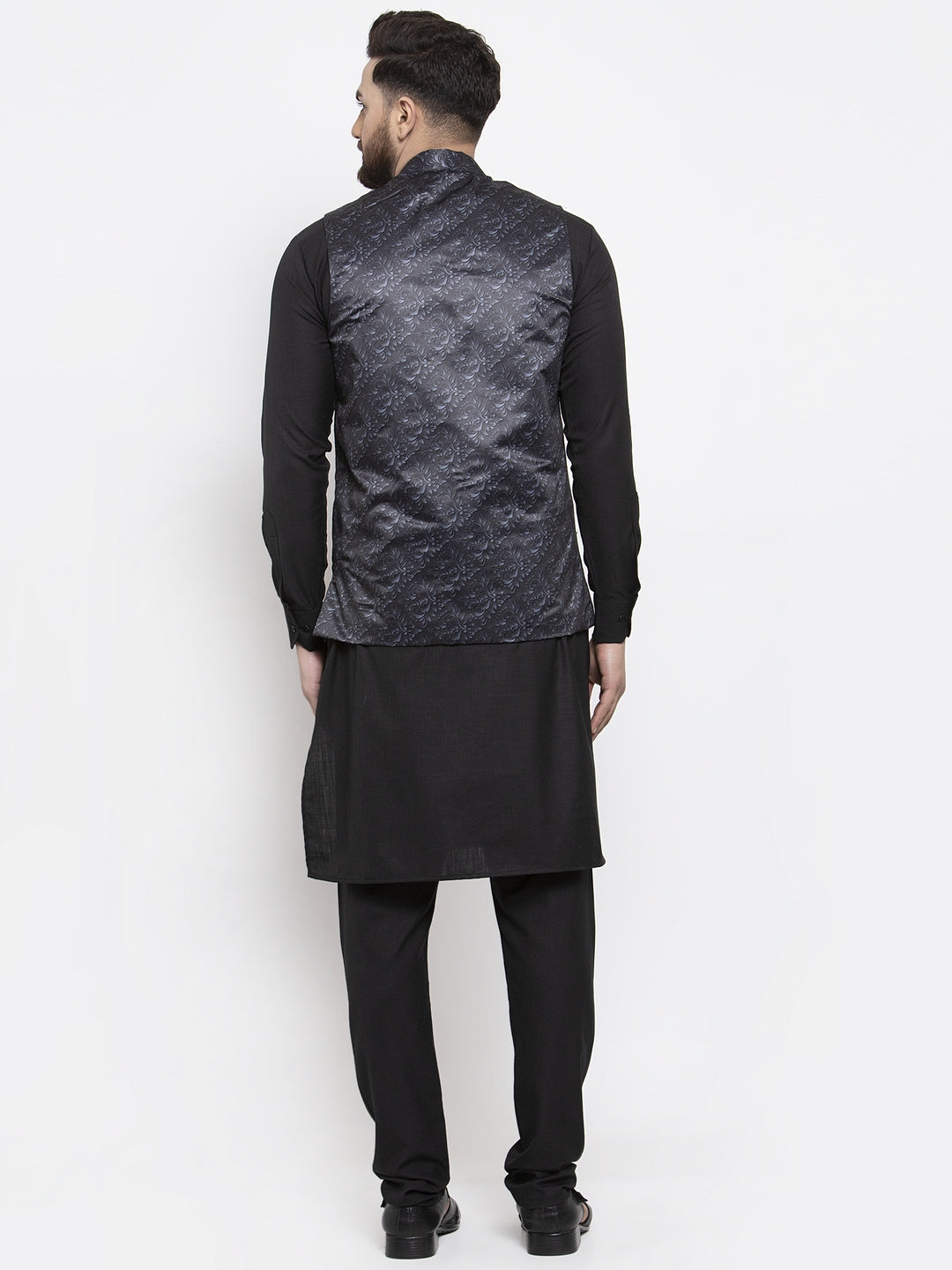 Jompers Men Solid Cotton Kurta Pajama with Printed Waistcoat (Charcoal-B)