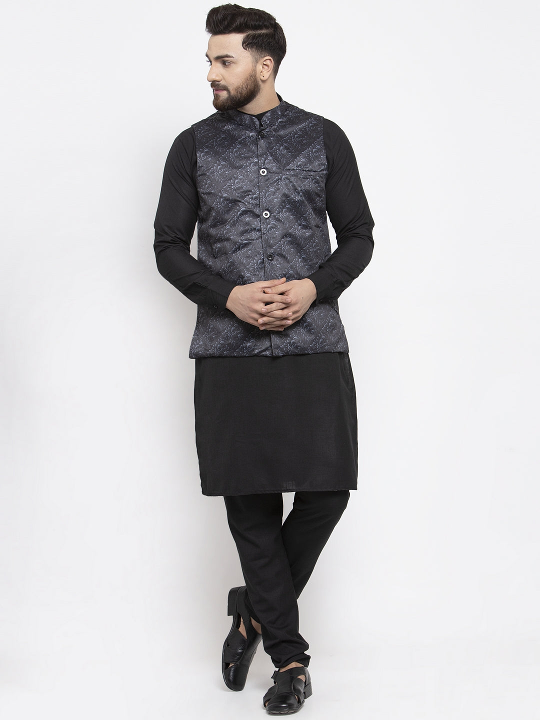 Jompers Men Solid Cotton Kurta Pajama with Printed Waistcoat (Charcoal-B)