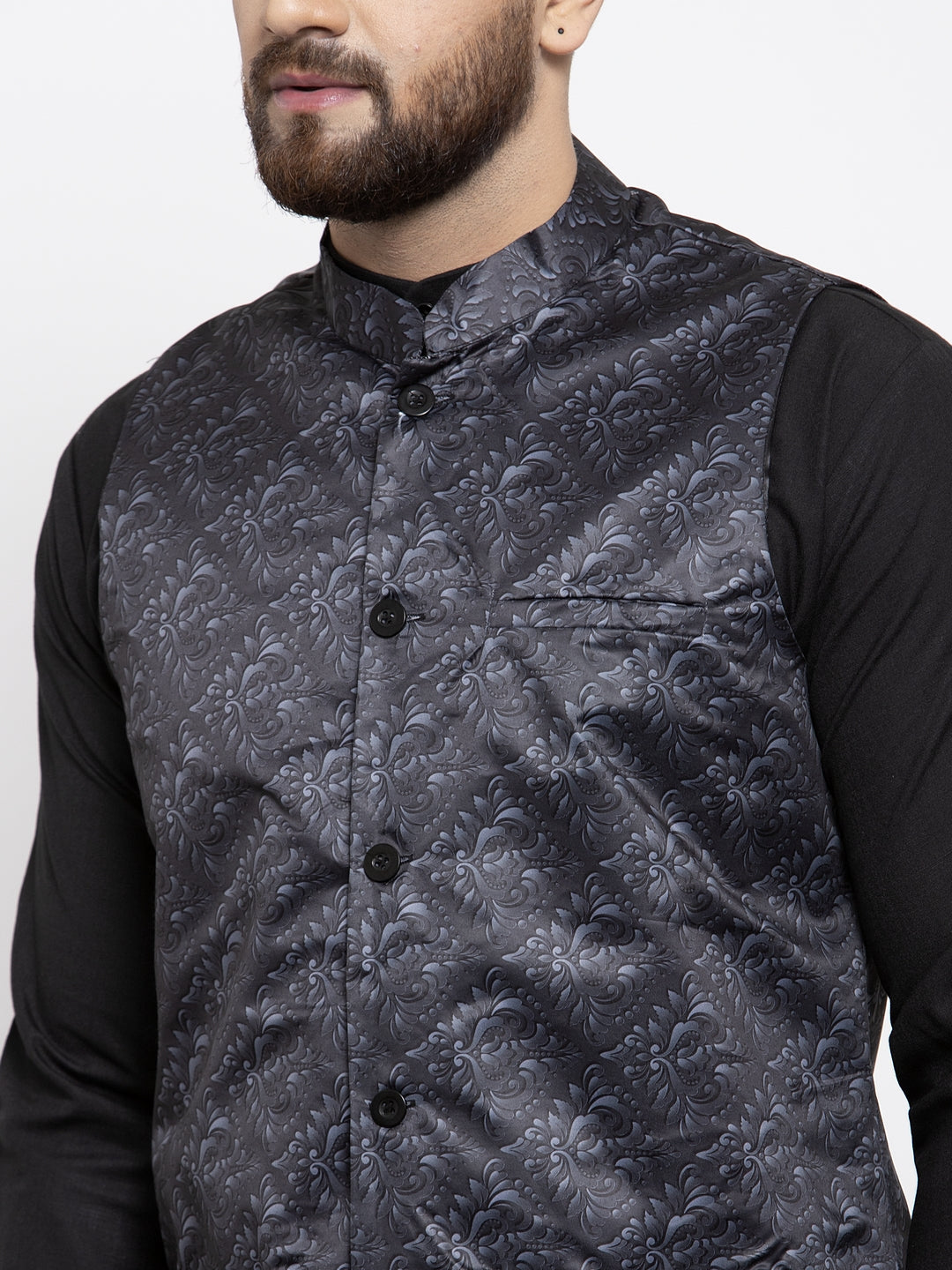 Jompers Men Solid Cotton Kurta Pajama with Printed Waistcoat (Charcoal-B)