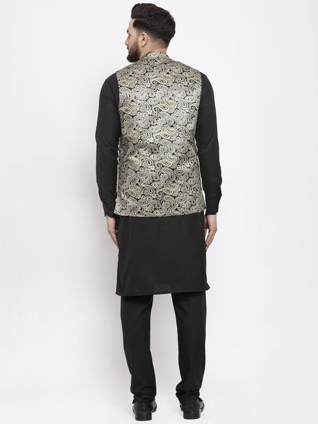Jompers Men's Solid Cotton Kurta Pajama with Printed Waistcoat (Golden-B)