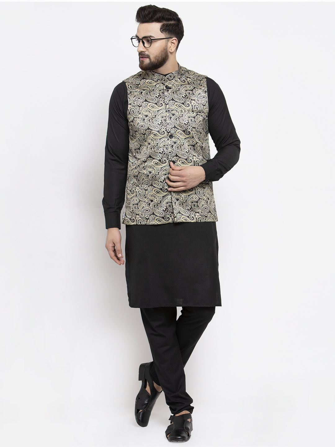 Jompers Men's Solid Cotton Kurta Pajama with Printed Waistcoat (Golden-B)