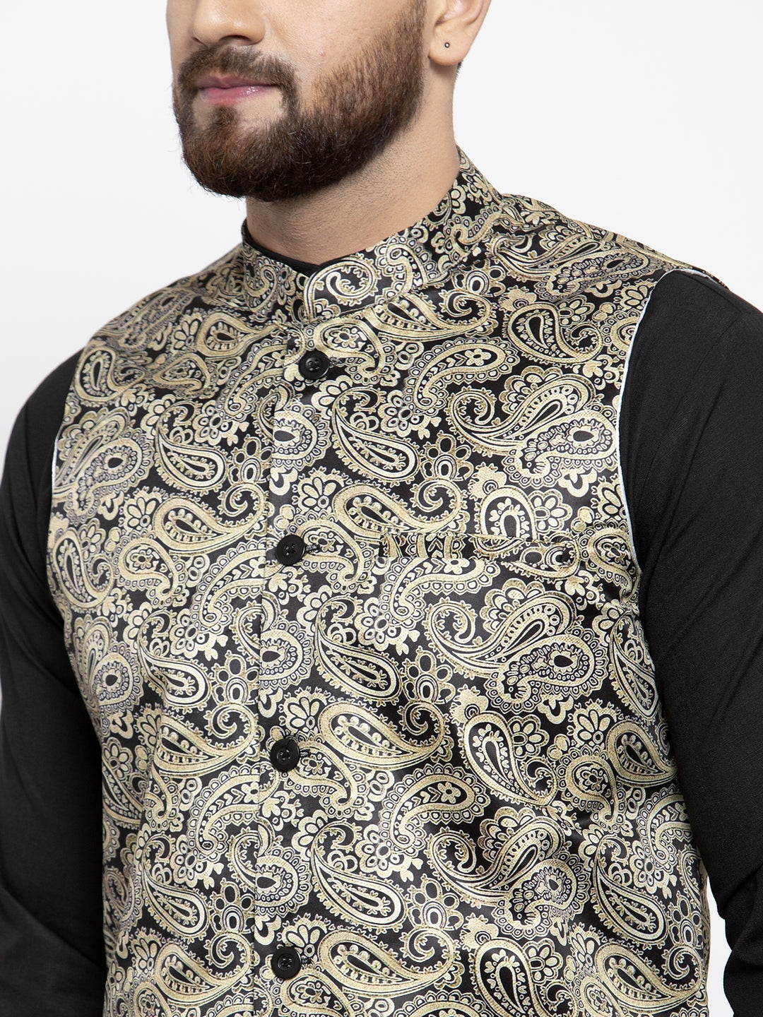 Jompers Men's Solid Cotton Kurta Pajama with Printed Waistcoat (Golden-B)