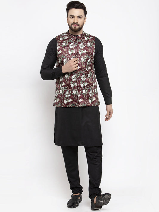 Jompers Men's Solid Cotton Kurta Pajama with Printed Waistcoat (Maroon-B)