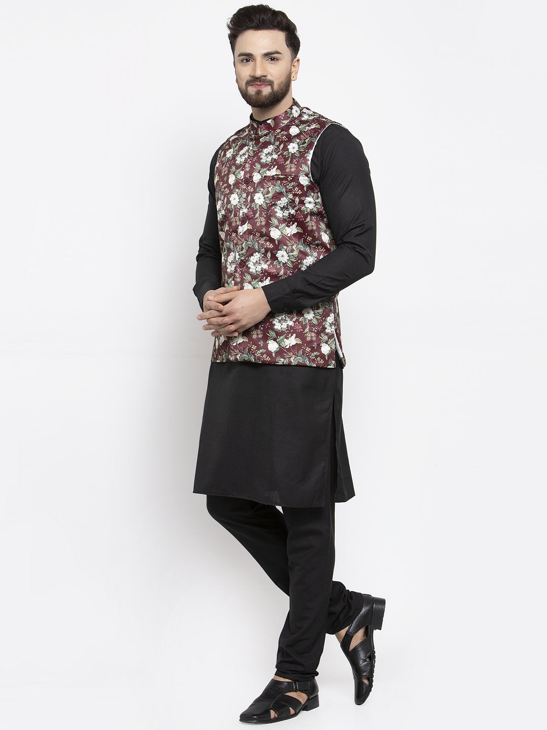 Jompers Men's Solid Cotton Kurta Pajama with Printed Waistcoat (Maroon-B)