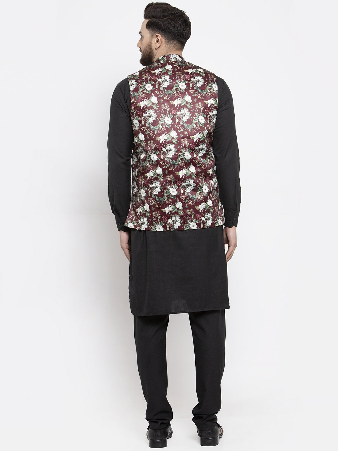 Jompers Men's Solid Cotton Kurta Pajama with Printed Waistcoat (Maroon-B)