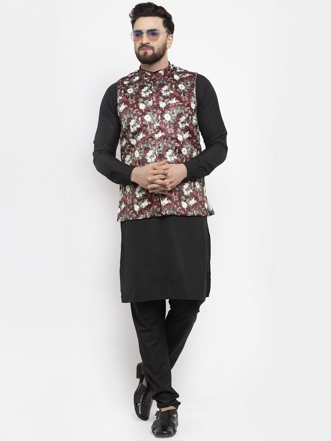 Jompers Men's Solid Cotton Kurta Pajama with Printed Waistcoat (Maroon-B)