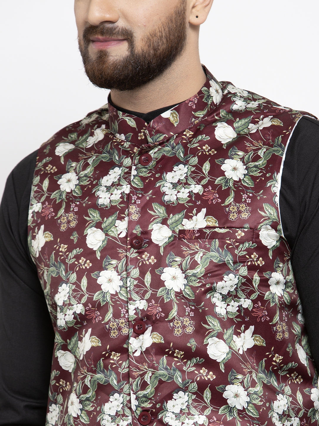 Jompers Men's Solid Cotton Kurta Pajama with Printed Waistcoat (Maroon-B)