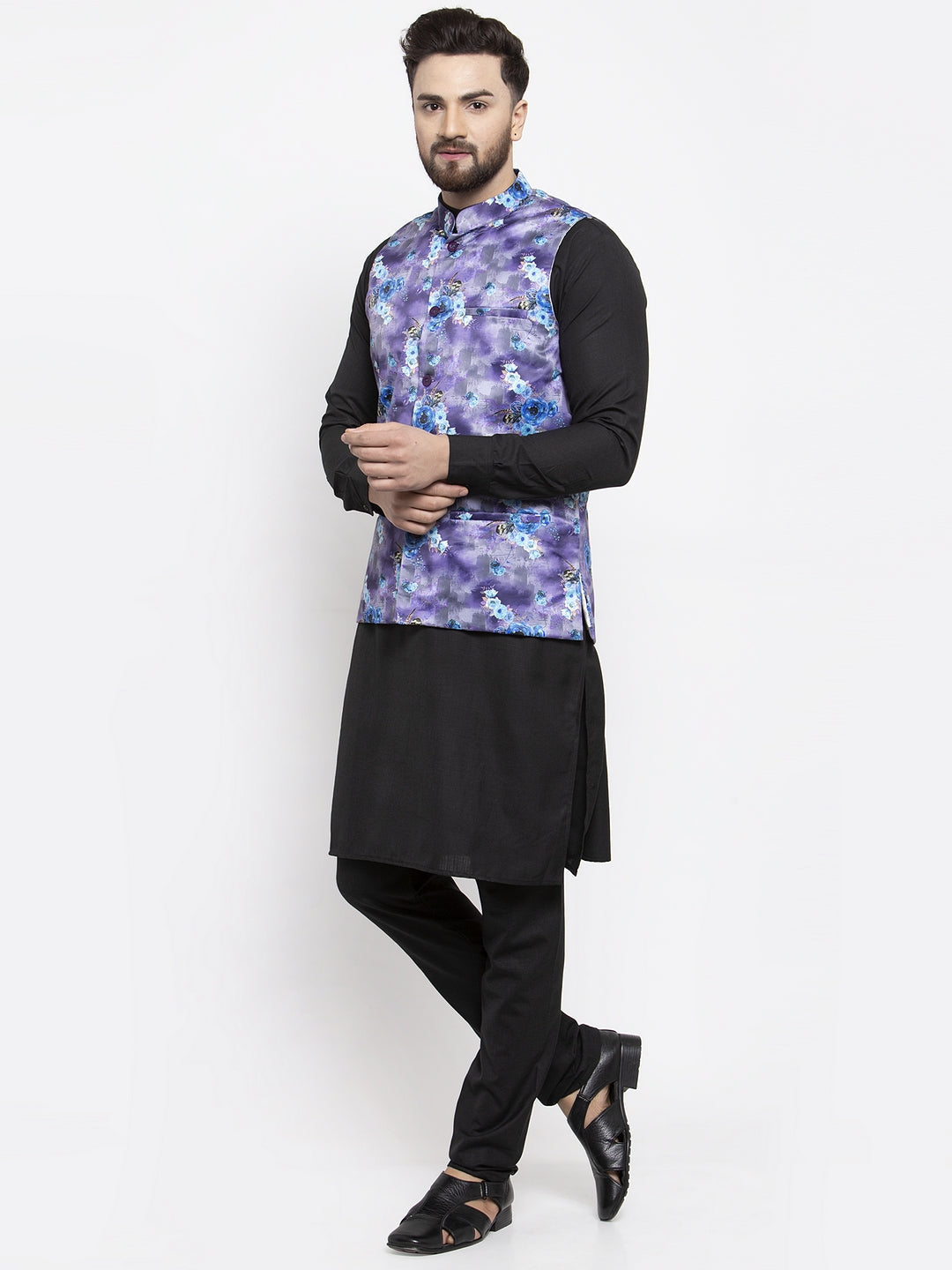 Jompers Men's Solid Cotton Kurta Pajama with Printed Waistcoat (Voilet-B)