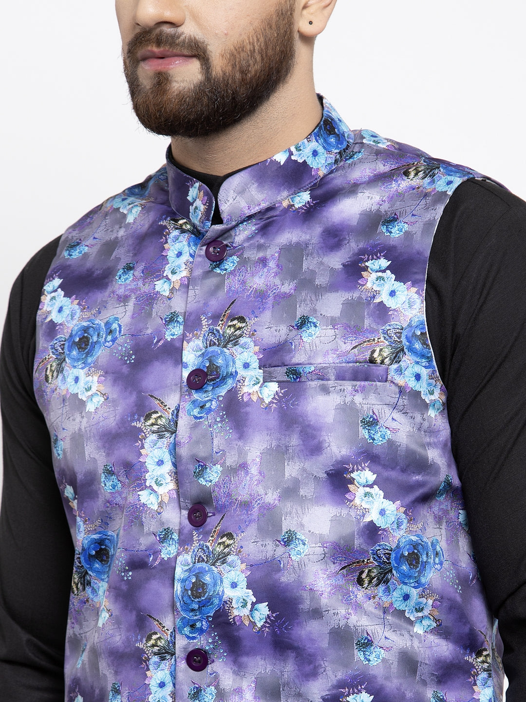 Jompers Men's Solid Cotton Kurta Pajama with Printed Waistcoat (Voilet-B)