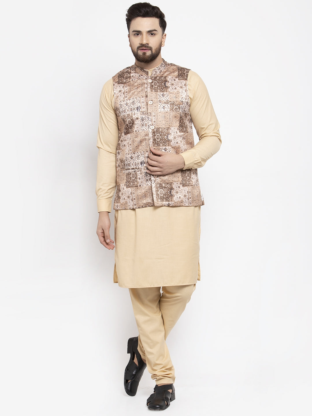 Jompers Men's Solid Cotton Kurta Pajama with Printed Waistcoat ( Beige-C)