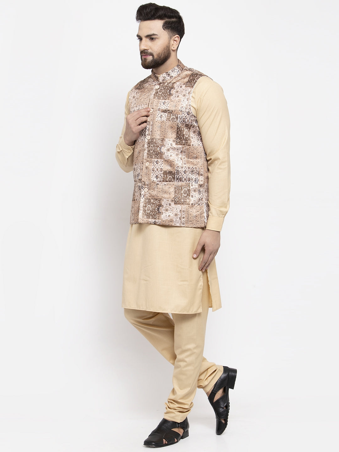 Jompers Men's Solid Cotton Kurta Pajama with Printed Waistcoat ( Beige-C)