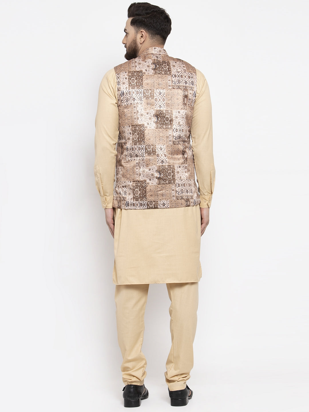 Jompers Men's Solid Cotton Kurta Pajama with Printed Waistcoat ( Beige-C)