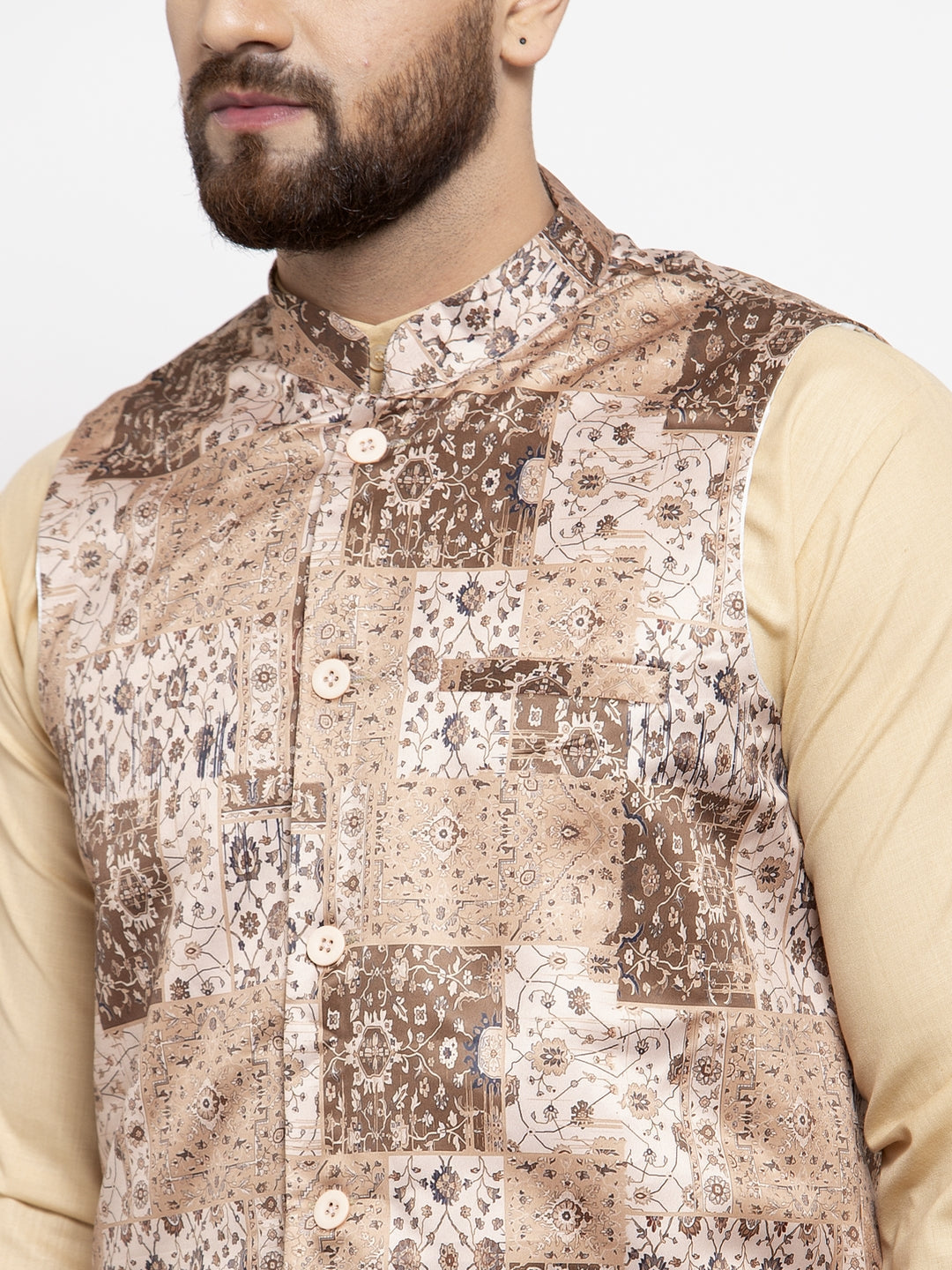 Jompers Men's Solid Cotton Kurta Pajama with Printed Waistcoat ( Beige-C)