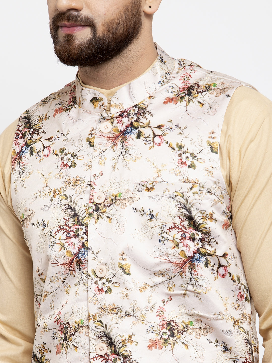 Jompers Men's Solid Cotton Kurta Pajama with Printed Waistcoat (Cream-C)