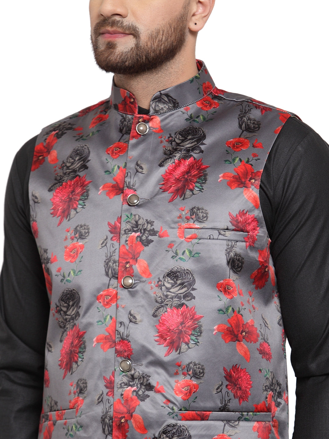 Jompers Men's Solid Cotton Kurta Pajama with Printed Waistcoat (Grey-B )