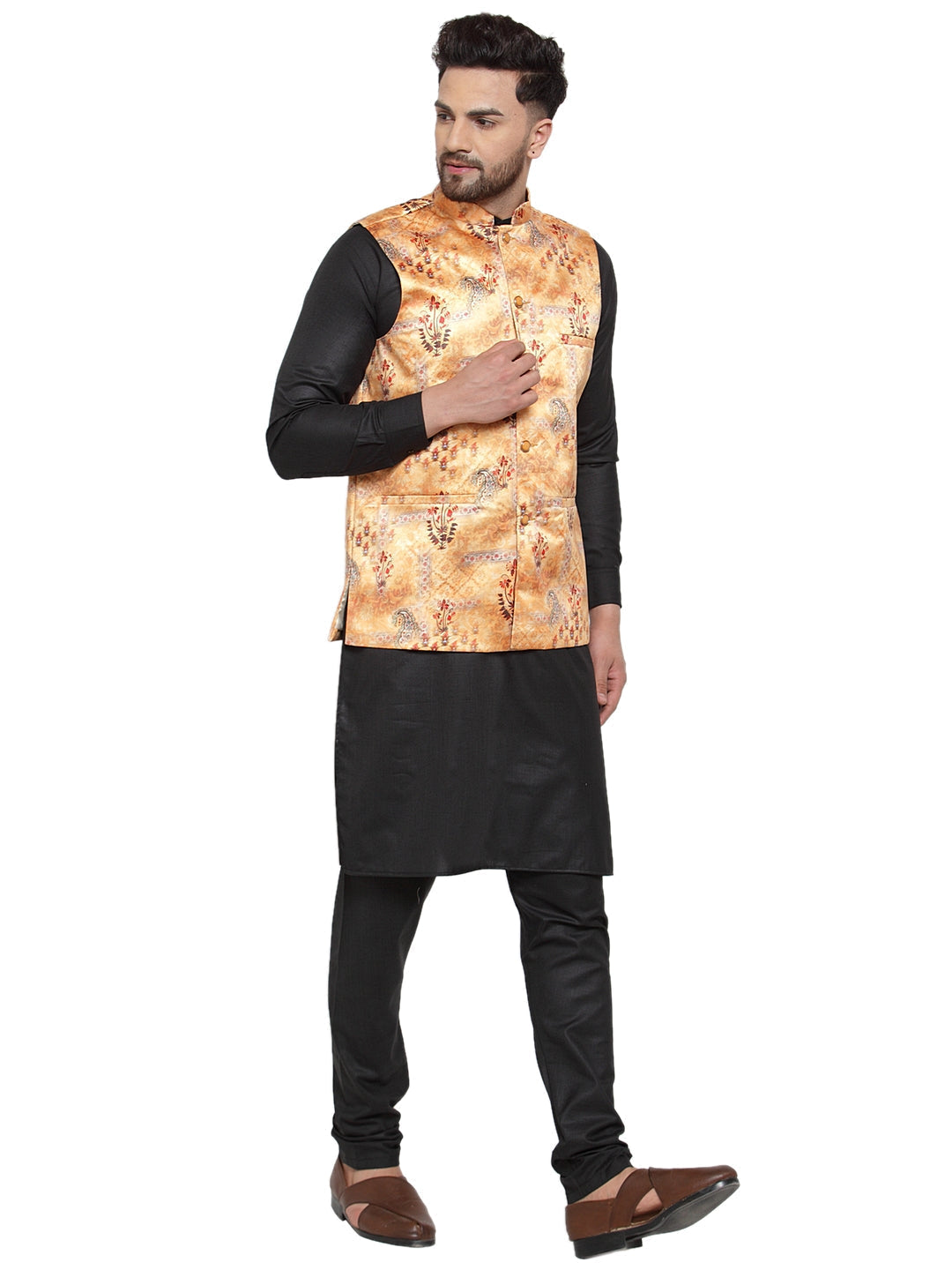 Jompers Men's Solid Cotton Kurta Pajama with Printed Waistcoat (Orange-B)
