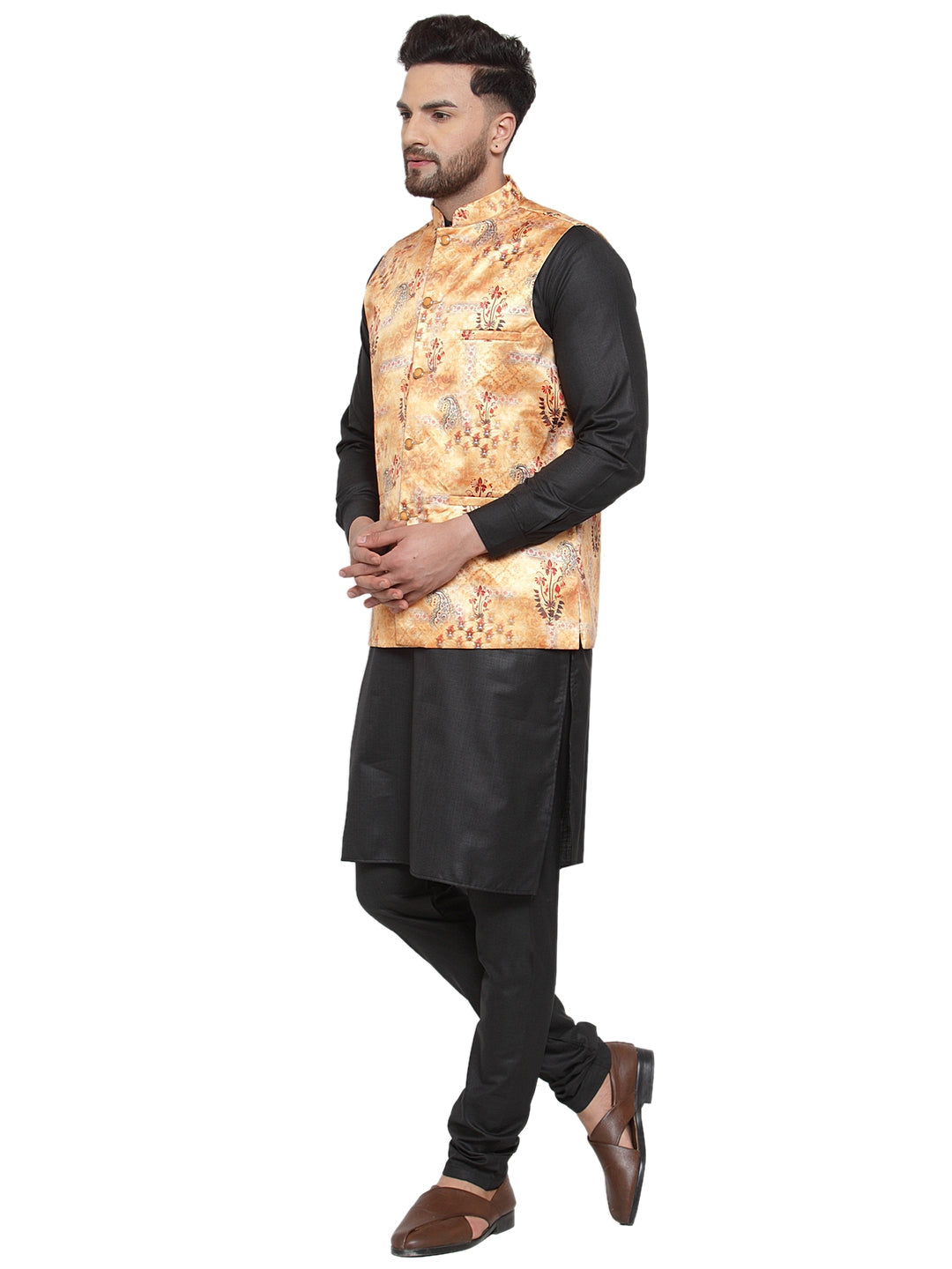 Jompers Men's Solid Cotton Kurta Pajama with Printed Waistcoat (Orange-B)