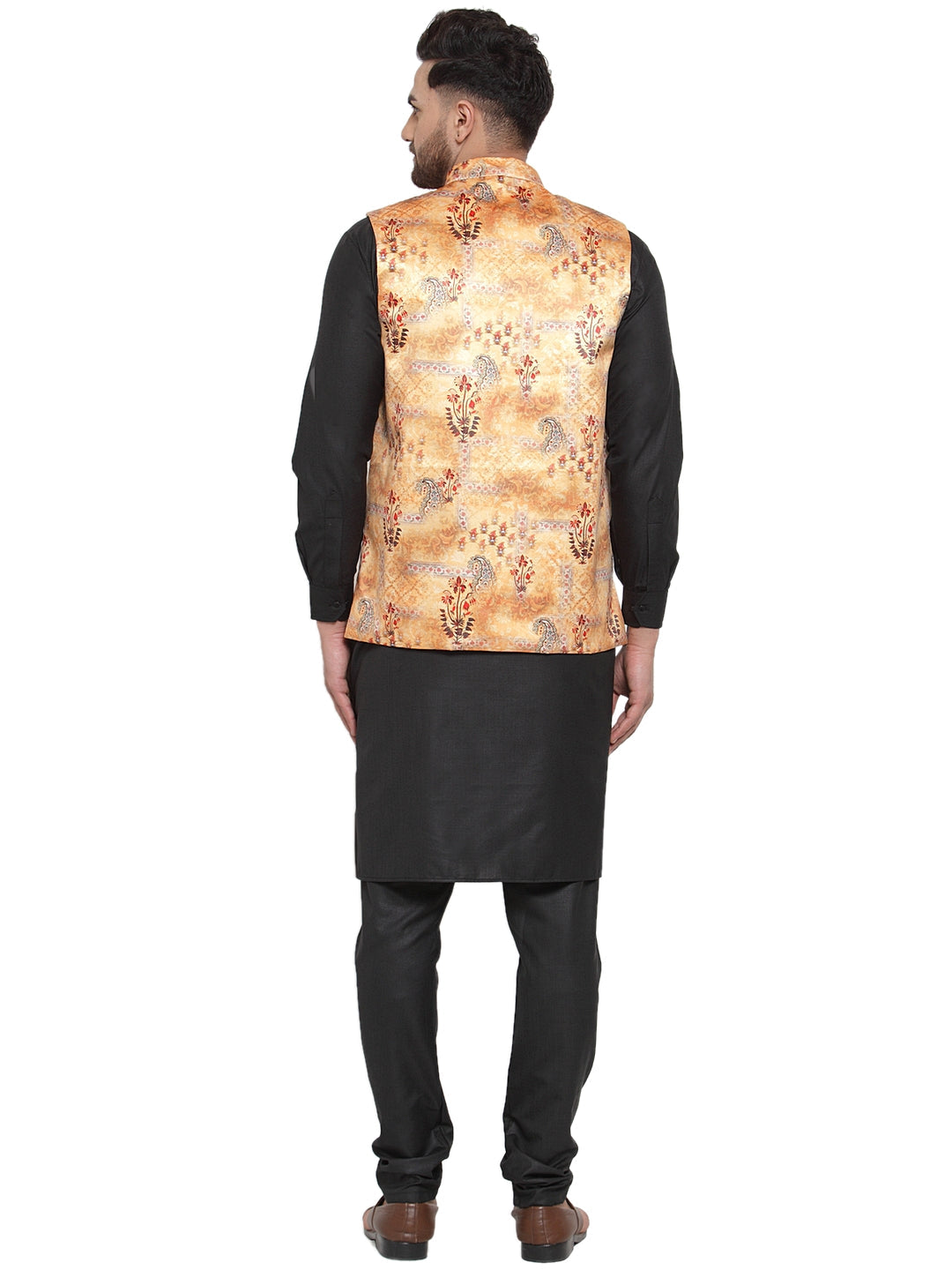 Jompers Men's Solid Cotton Kurta Pajama with Printed Waistcoat (Orange-B)