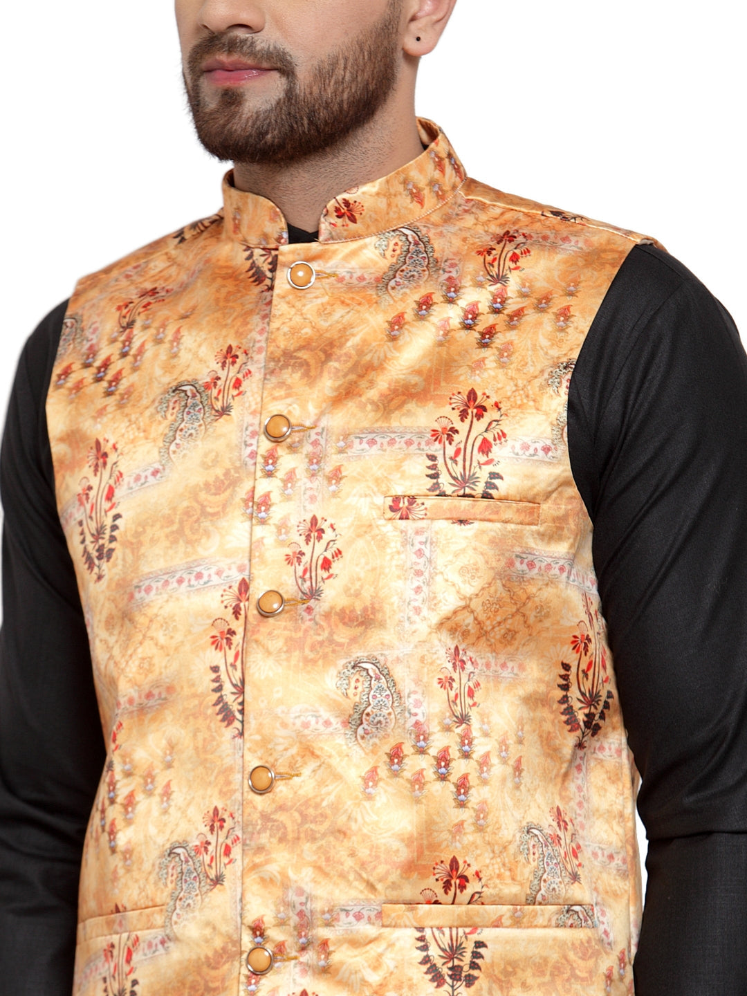 Jompers Men's Solid Cotton Kurta Pajama with Printed Waistcoat (Orange-B)