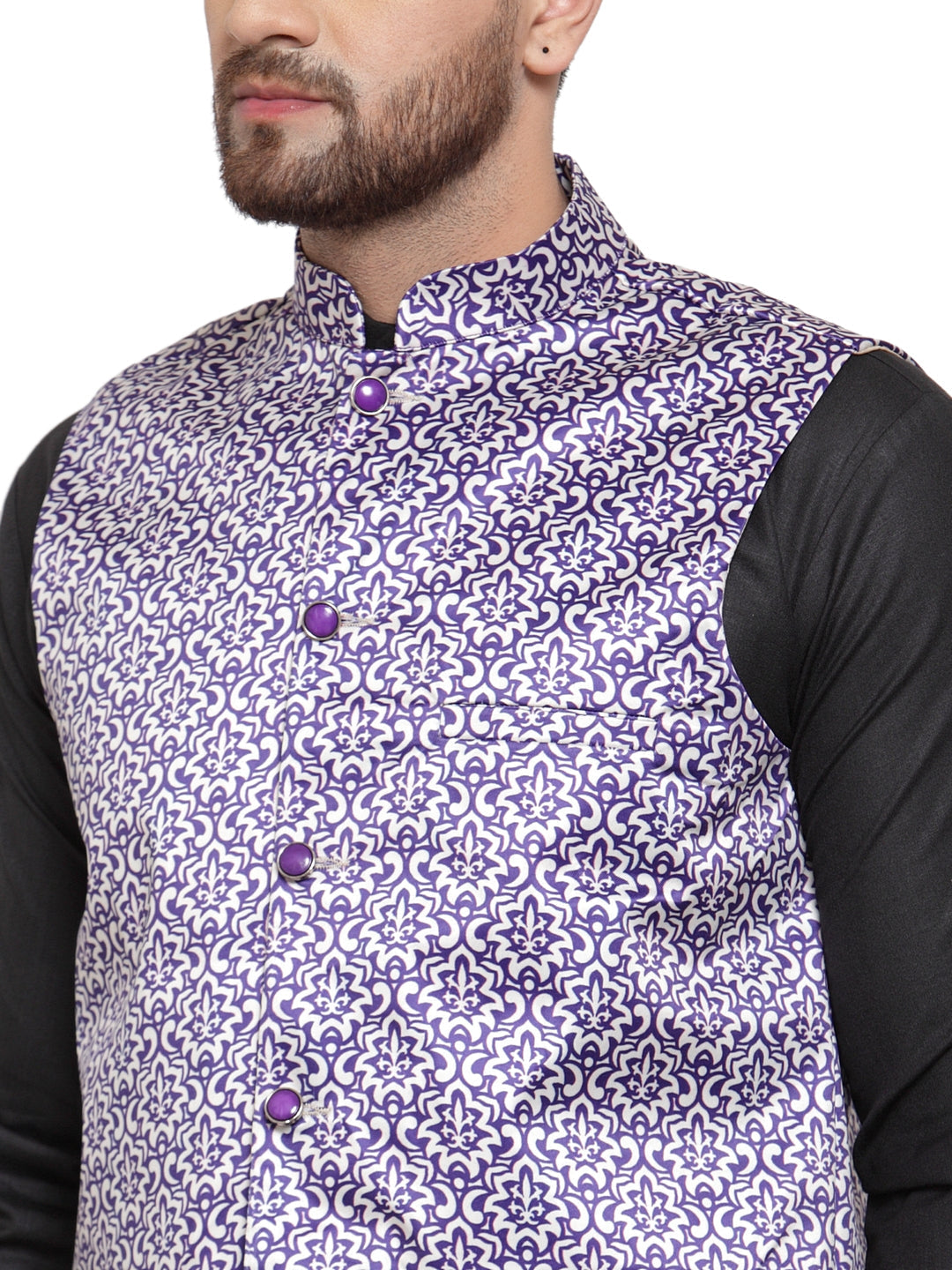 Jompers Men's Solid Cotton Kurta Pajama with Printed Waistcoat (Purple-B)