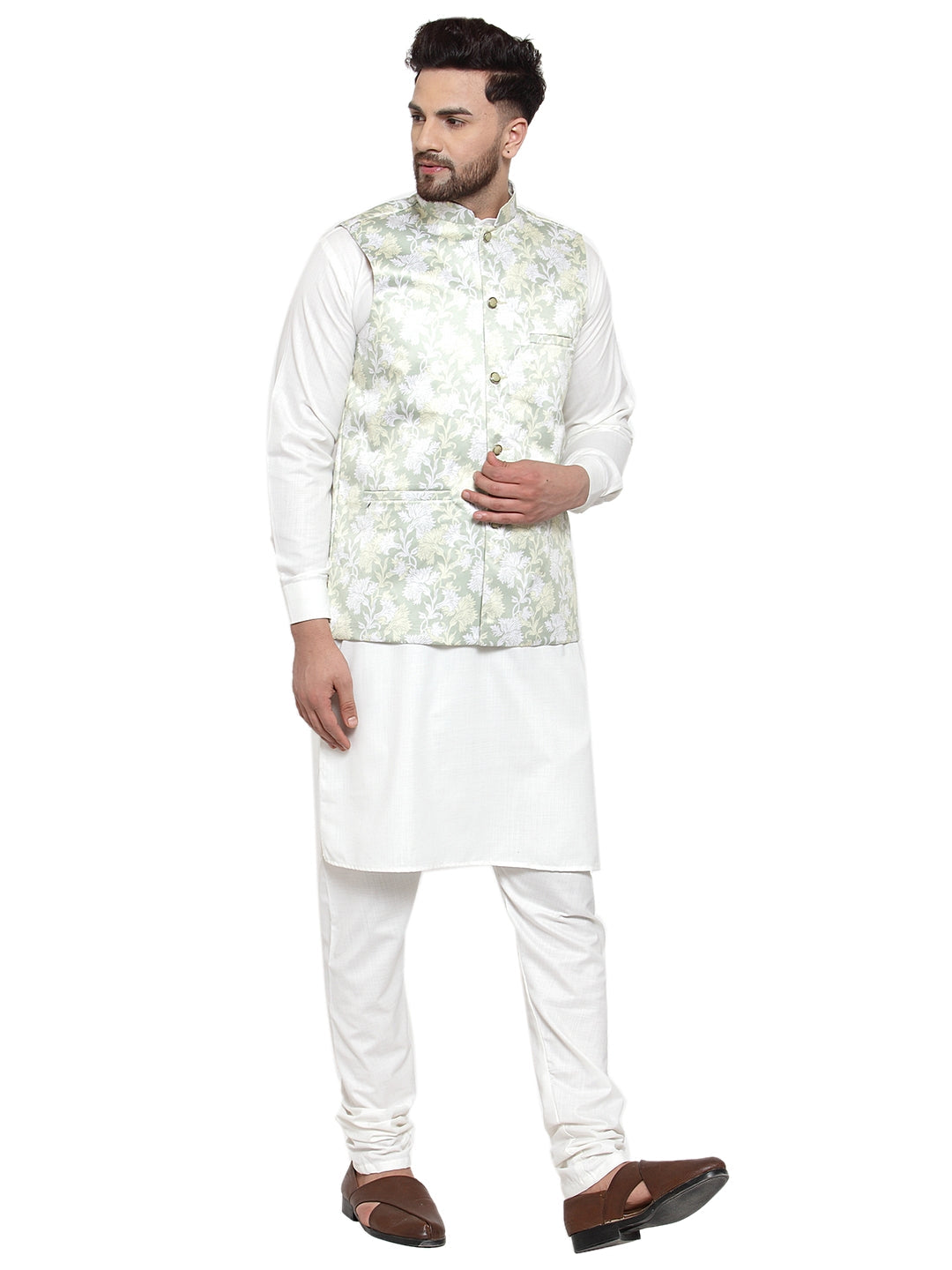 Jompers Men's Solid Cotton Kurta Pajama with Printed Waistcoat (Lime-W)