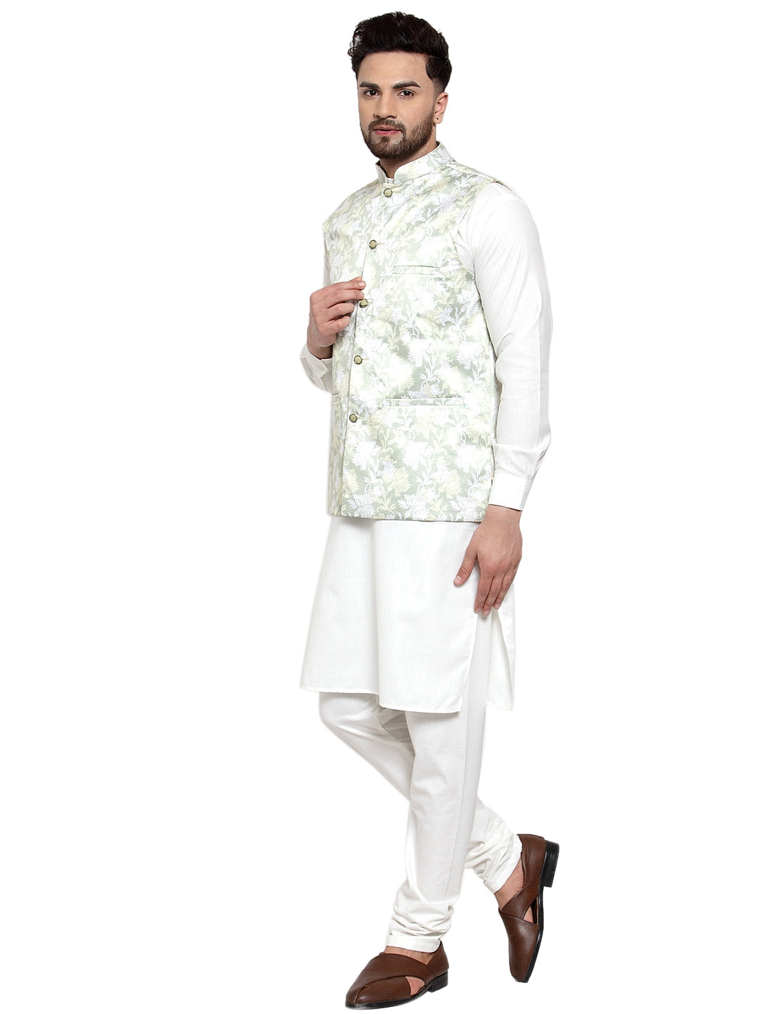 Jompers Men's Solid Cotton Kurta Pajama with Printed Waistcoat (Lime-W)