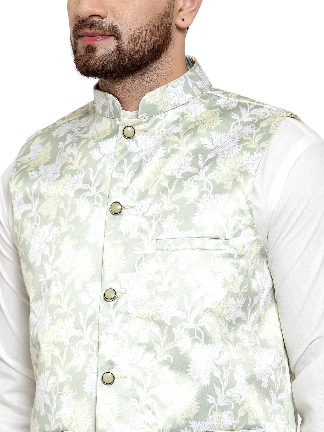 Jompers Men's Solid Cotton Kurta Pajama with Printed Waistcoat (Lime-W)