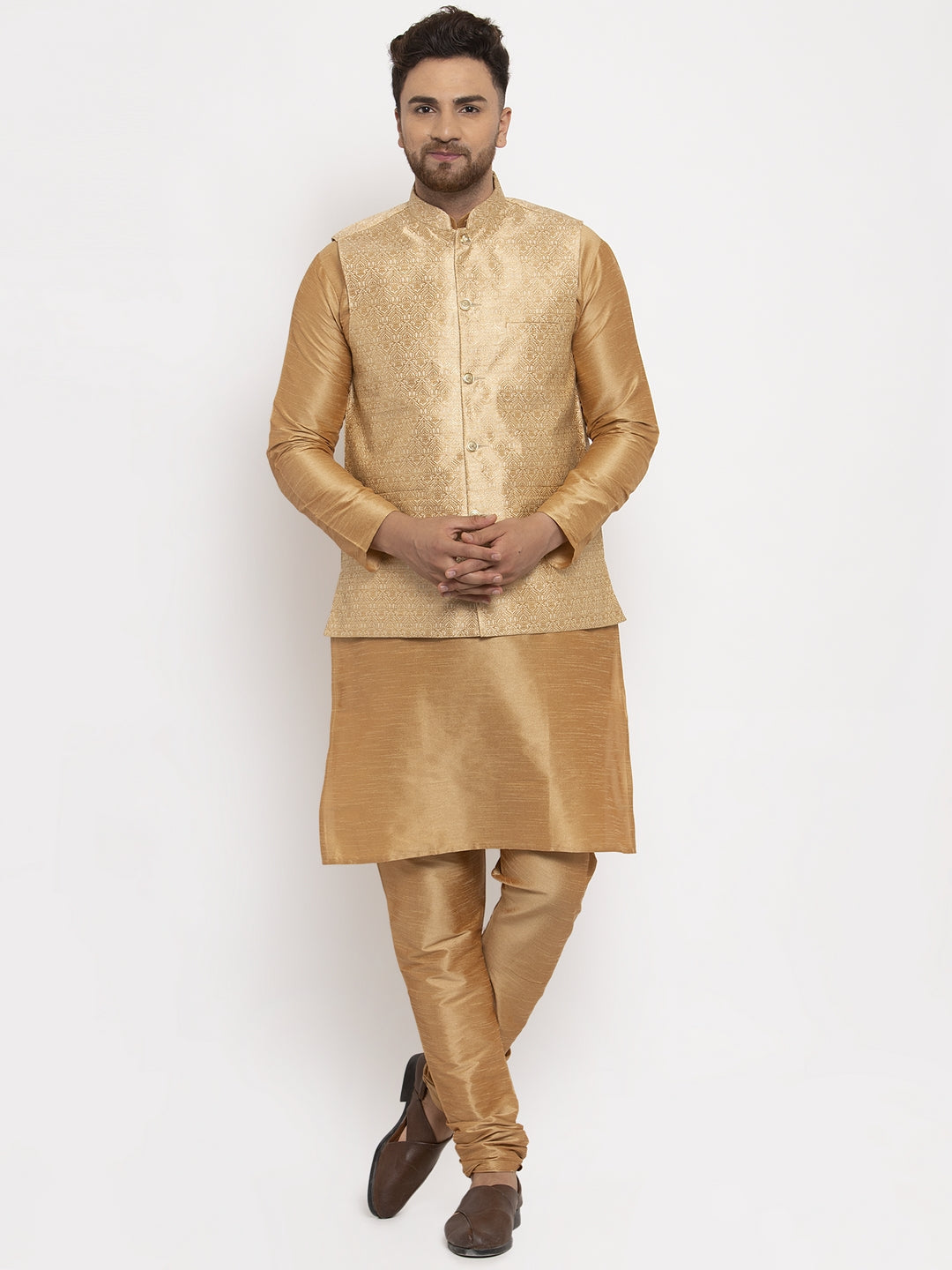 Jompers Men's Solid Dupion Kurta Pajama with Woven Jacqaurd Waistcoat (Golden-G)