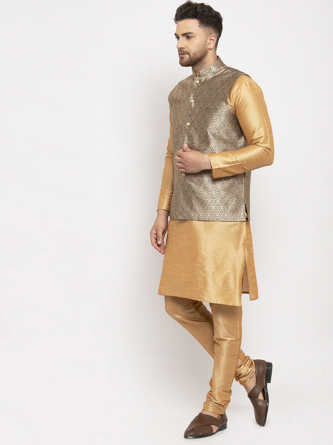 Jompers Men's Solid Dupion Kurta Pajama with Woven Jacqaurd Waistcoat (Grey-G)