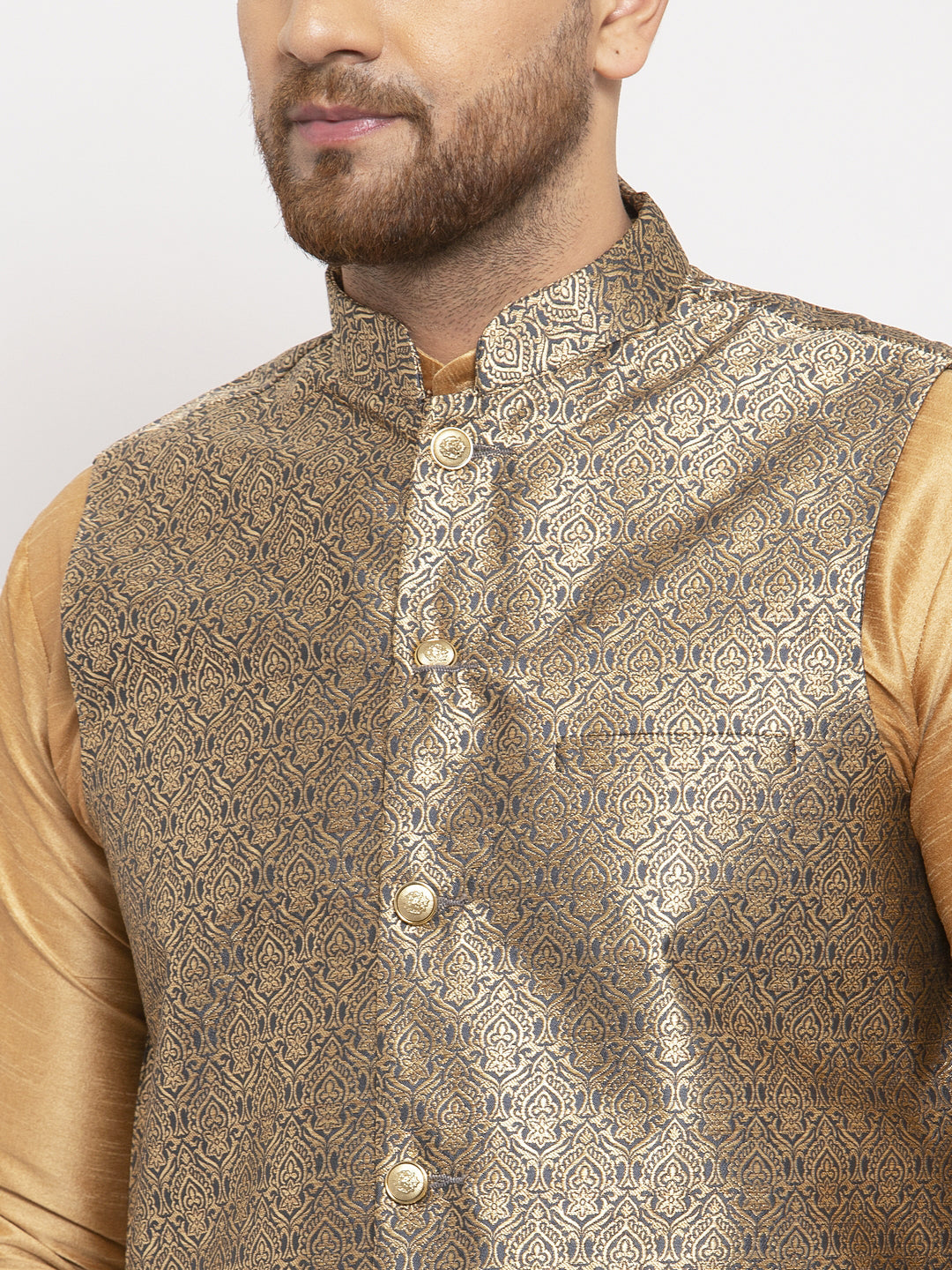Jompers Men's Solid Dupion Kurta Pajama with Woven Jacqaurd Waistcoat (Grey-G)