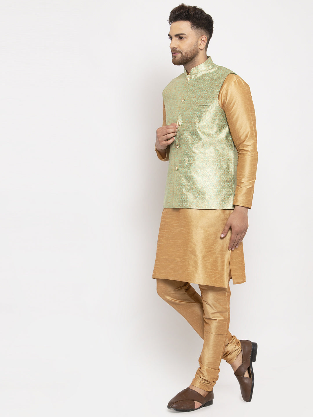 Jompers Men's Solid Dupion Kurta Pajama with Woven Jacqaurd Waistcoat (Lime-G)