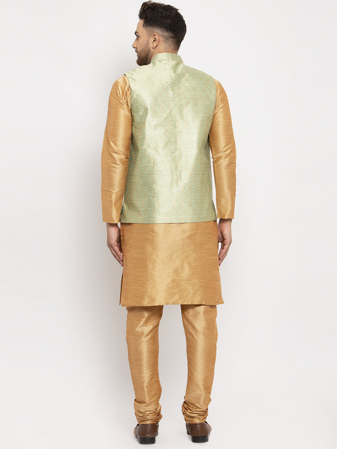 Jompers Men's Solid Dupion Kurta Pajama with Woven Jacqaurd Waistcoat (Lime-G)