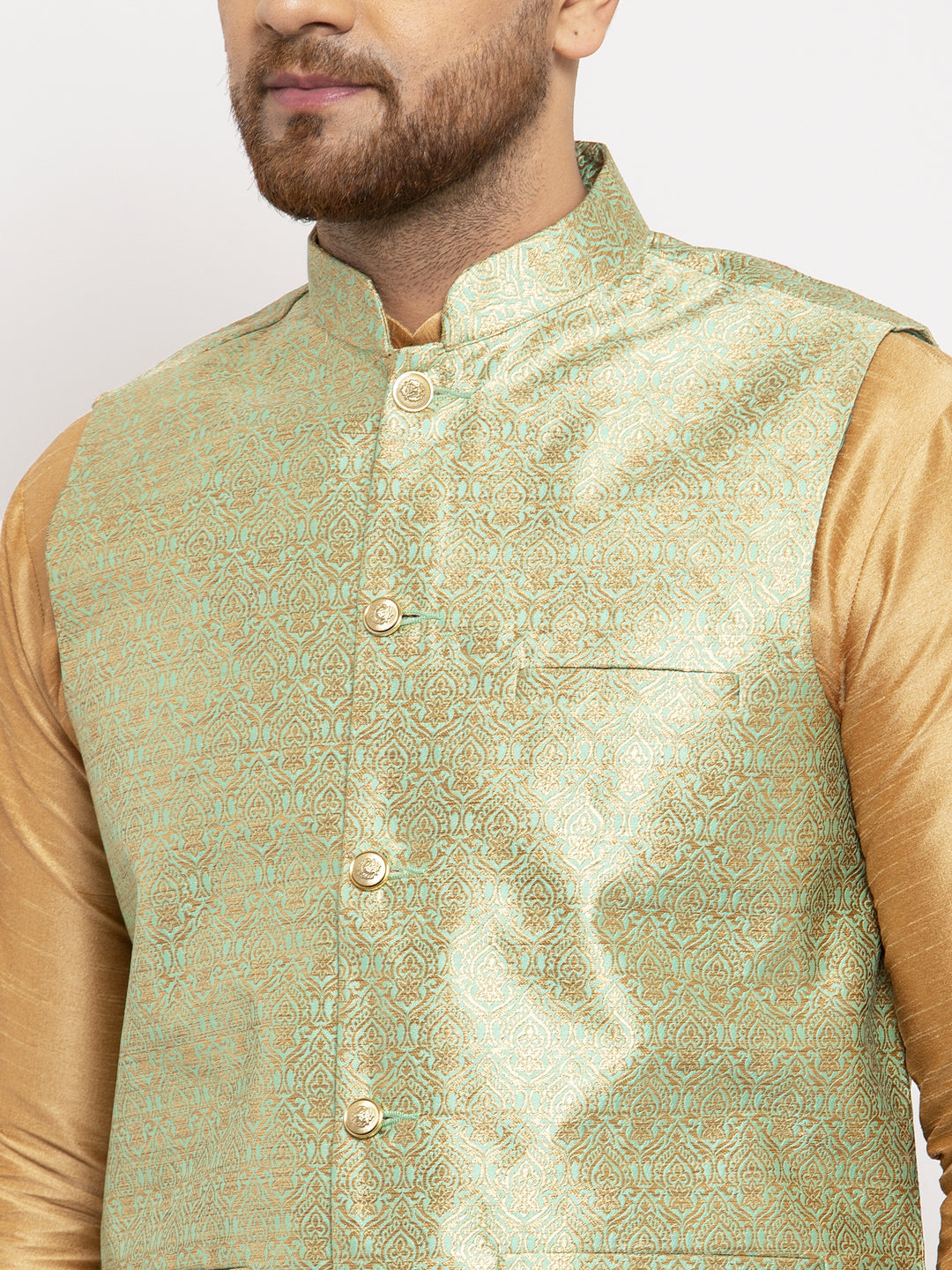 Jompers Men's Solid Dupion Kurta Pajama with Woven Jacqaurd Waistcoat (Lime-G)