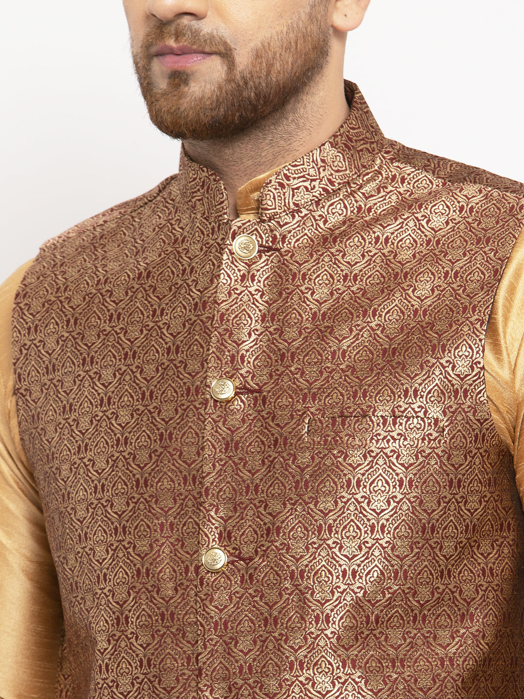 Jompers Men's Solid Dupion Kurta Pajama with Woven Jacqaurd Waistcoat (Maroon-G)