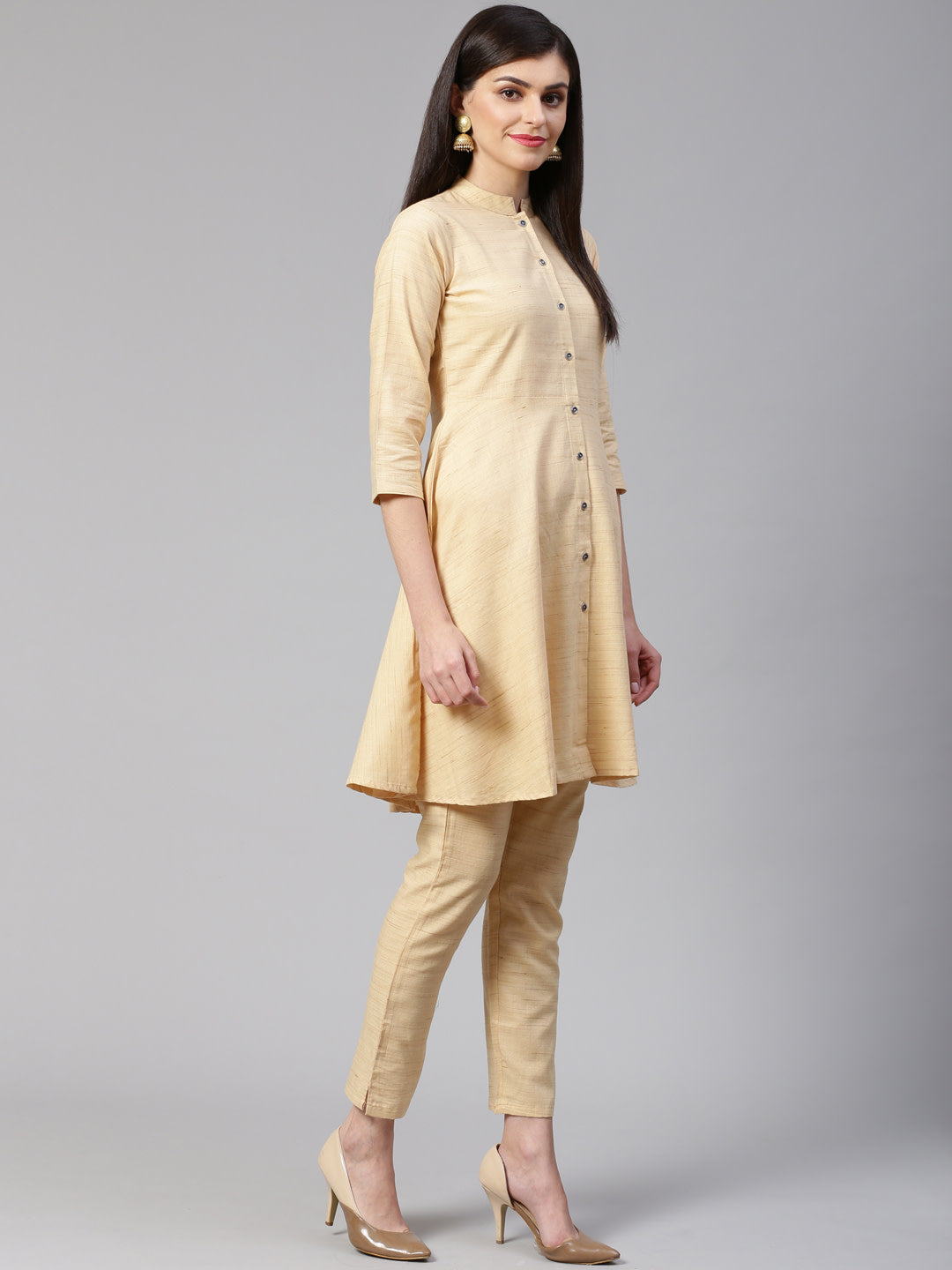 Jompers Women Beige Solid Kurta with Trousers & Dupatta